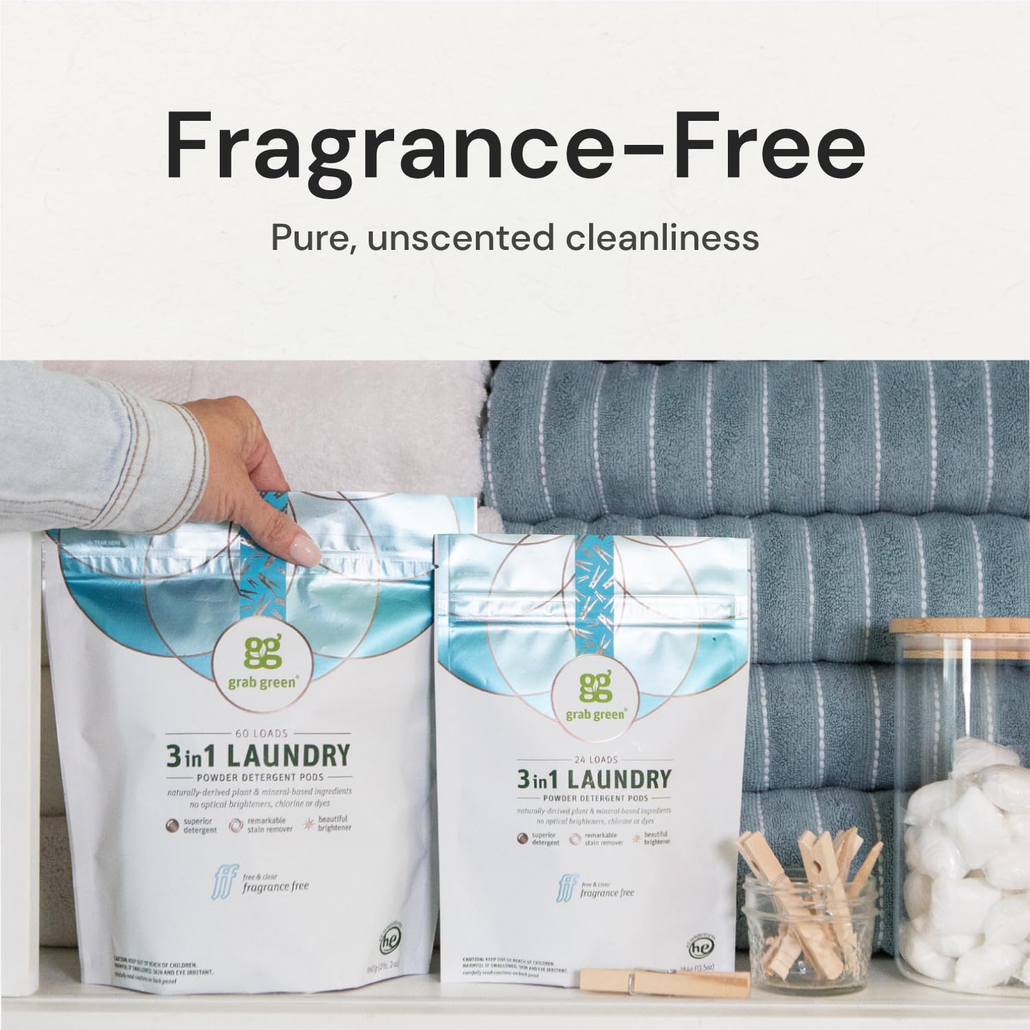 Grab Green 3-in-1 Laundry Detergent Pods, 132 Count, Fragrance Free, Plant and Mineral Based