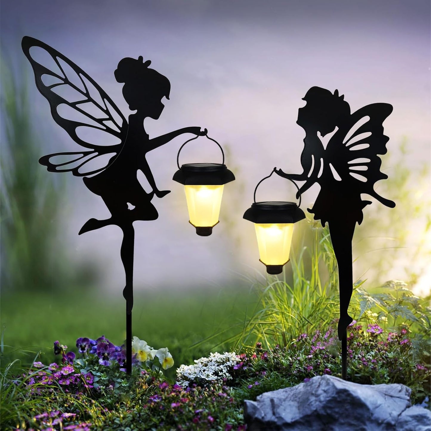 Solar Fairy Garden Stake Decorative Lantern, 2 Pack Metal Fairy Angel Garden Silhouette Lights for