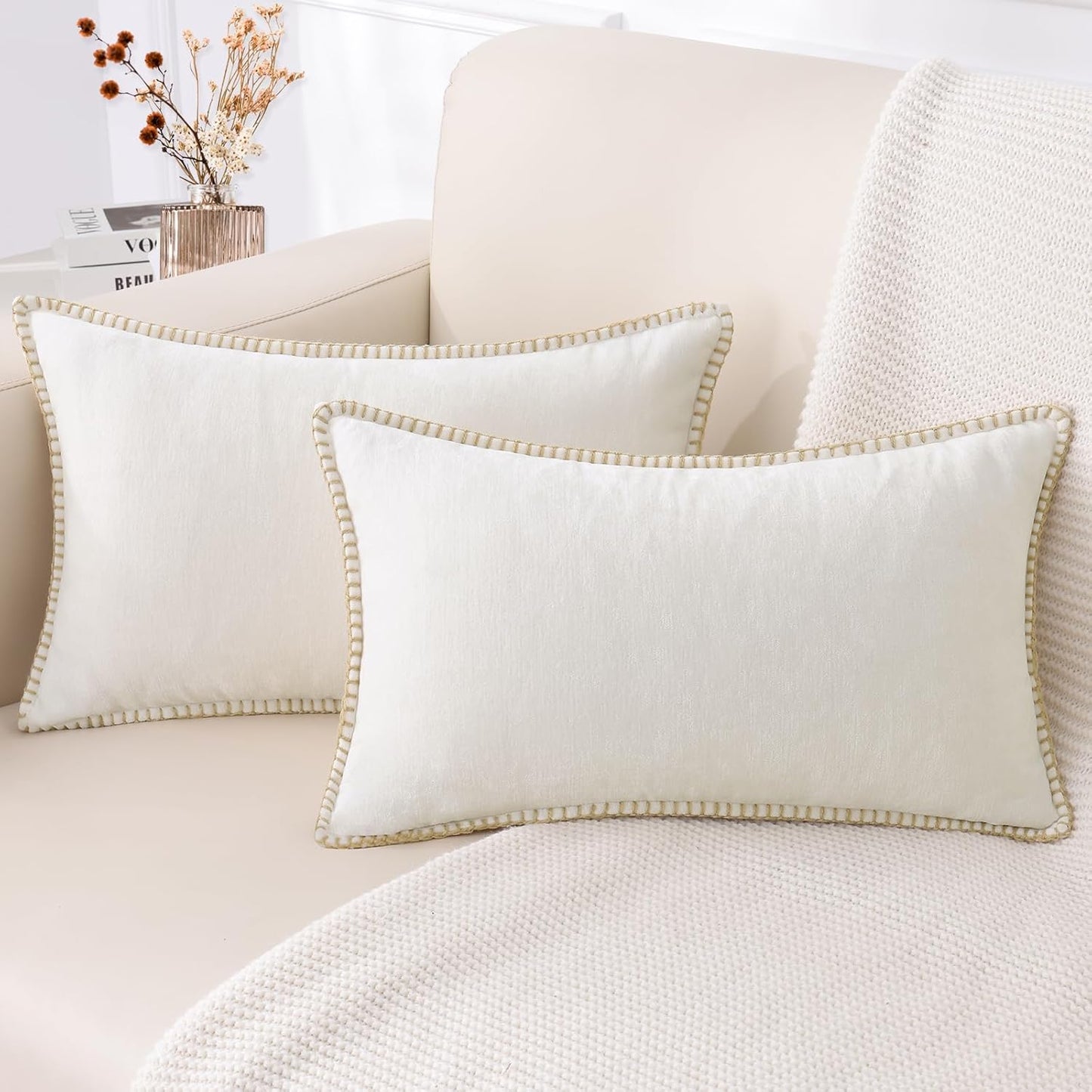 decorUhome Chenille Soft Throw Pillow Covers 12x20 Set of 2, Lumbar Velvet Farmhouse Neutral
