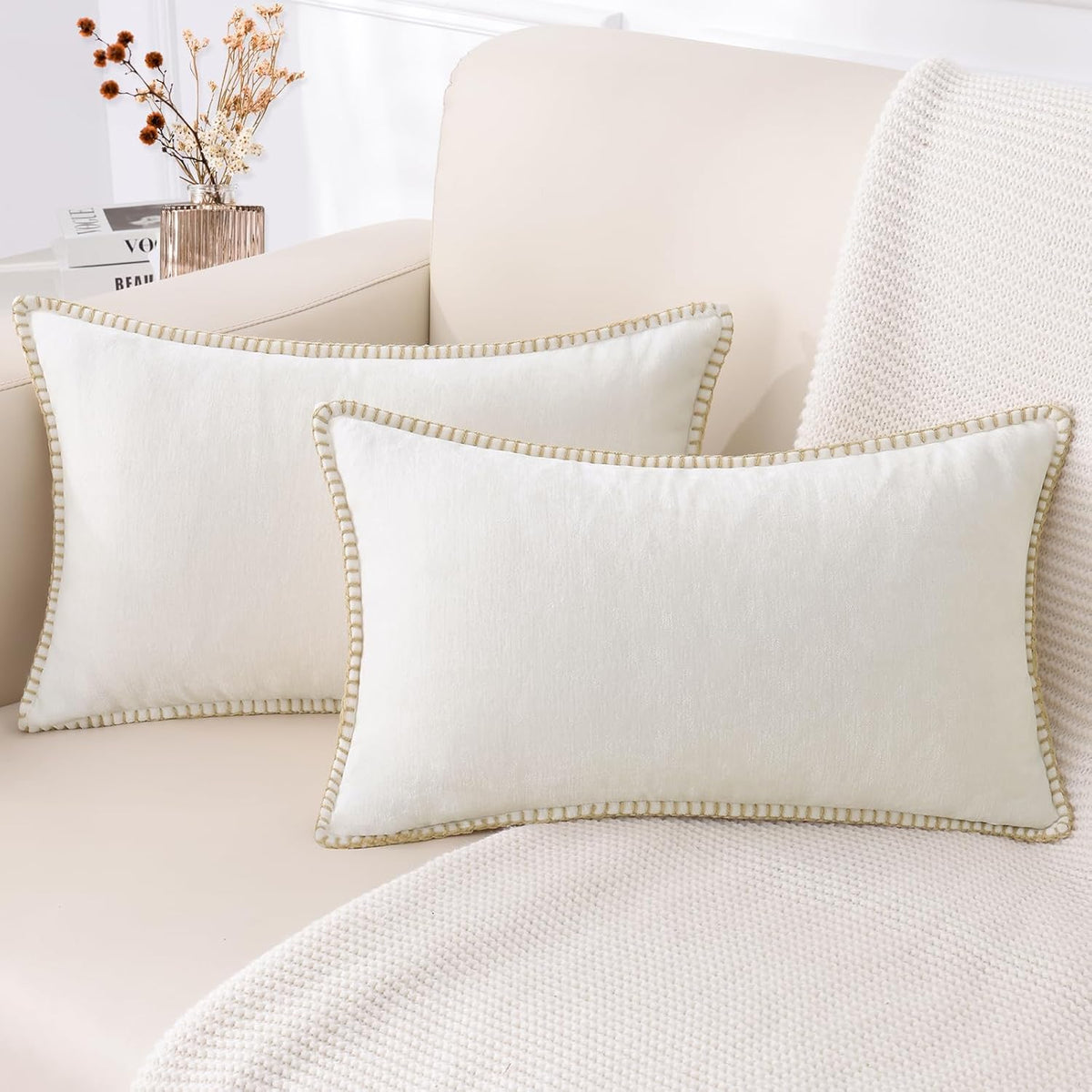 decorUhome Chenille Soft Throw Pillow Covers 12x20 Set of 2, Lumbar Velvet Farmhouse Neutral