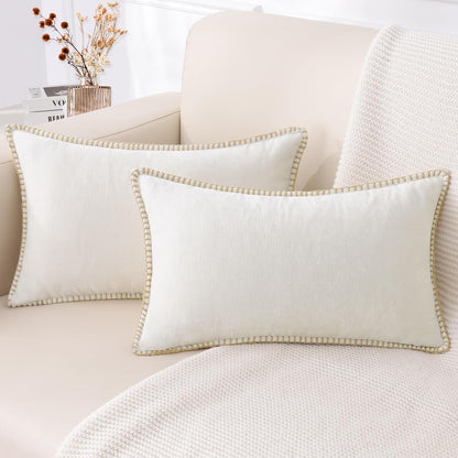 decorUhome Chenille Soft Throw Pillow Covers 12x20 Set of 2, Lumbar Velvet Farmhouse Neutral
