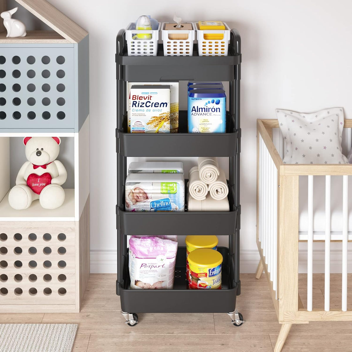 Calmootey 4-Tier Rolling Utility Cart with Drawer,Multifunctional Storage Organizer with Plastic