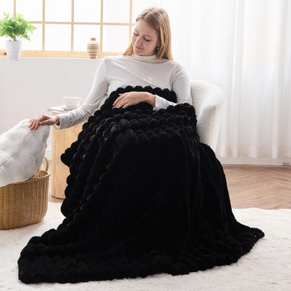 NEWCOSPLAY Faux Fur Twin Blanket Black 3D Ribbed Plush Thick Warm Blanket for Couch Sofa Bed 850GSM