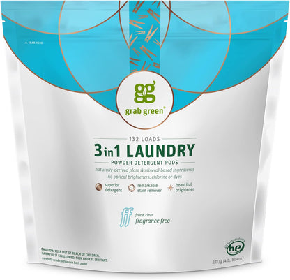 Grab Green 3-in-1 Laundry Detergent Pods, 132 Count, Fragrance Free, Plant and Mineral Based