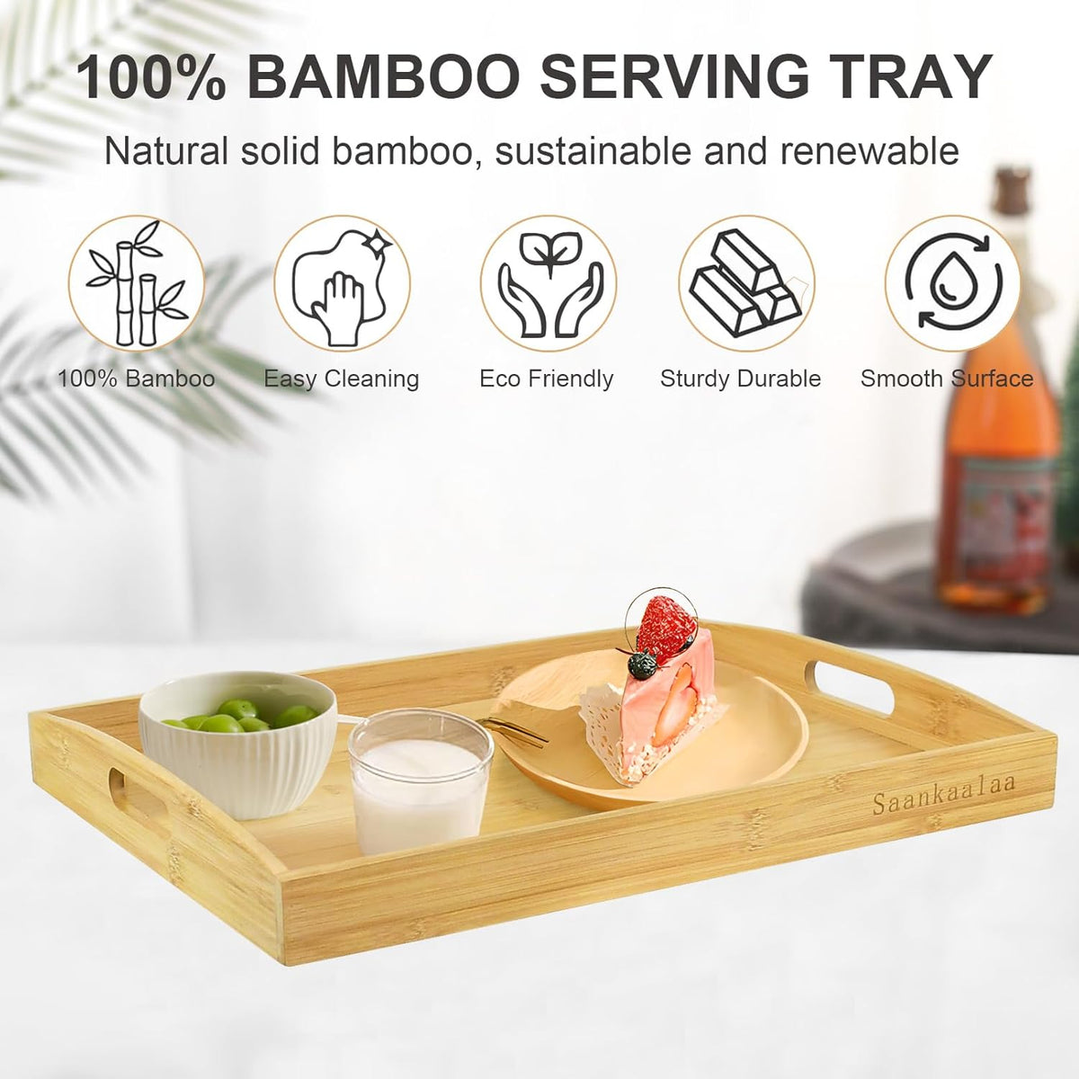 Bamboo Serving Tray Set of 2 Elegant for Coffee, Eating or Decor - Large and Small Rectangle