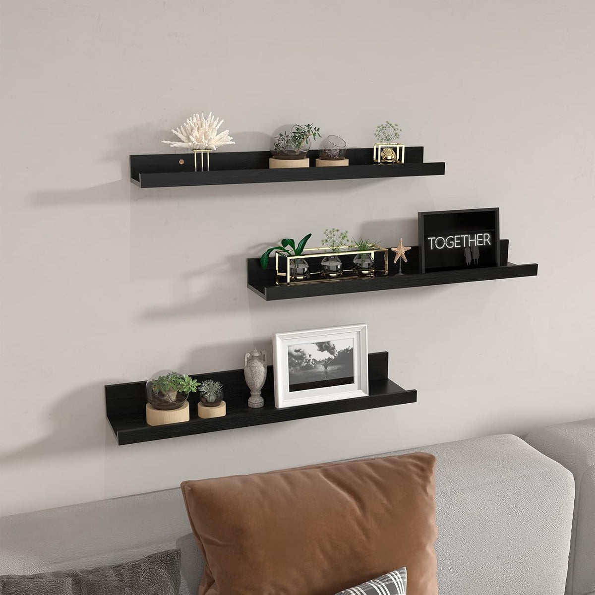 Giftgarden 24 Inch Black Floating Shelves Wall Mounted Woodgrain Picture Ledge Shelf for Storage