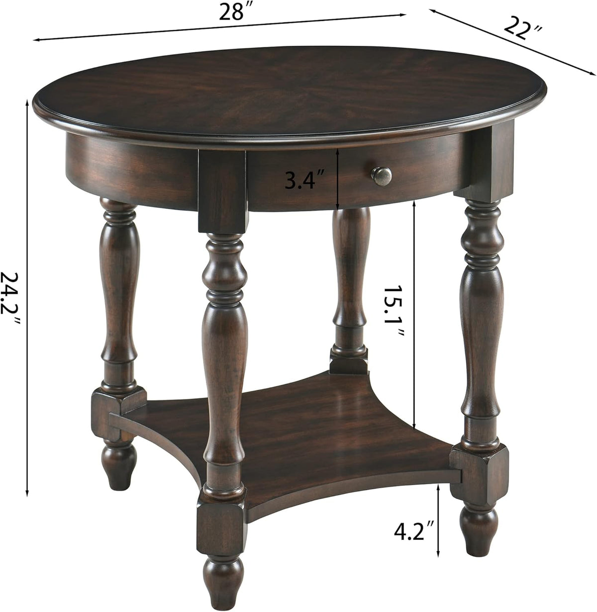 MODERION Oval End Table with Drawer, Solid Wood Sofa Side Table with Storage Shelf, Traditional