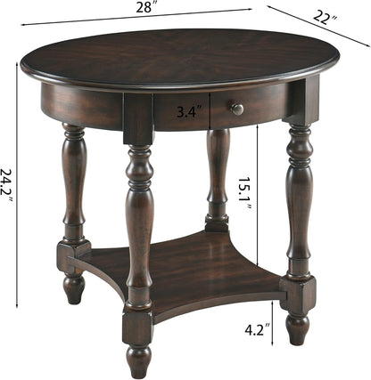 MODERION Oval End Table with Drawer, Solid Wood Sofa Side Table with Storage Shelf, Traditional