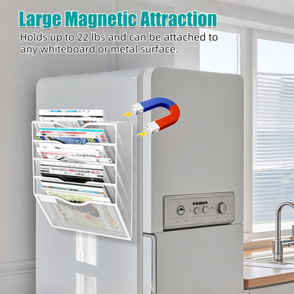 5-Tier Magnetic File Organizer, No Drilling Installation, White Magnetic Paper Holder, Magazine