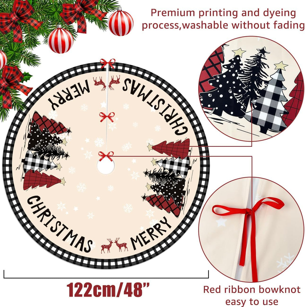 Christmas Tree Skirt 48 Inches Black White Buffalo Plaid Xmas Tree Skirt with Snowflake Merry