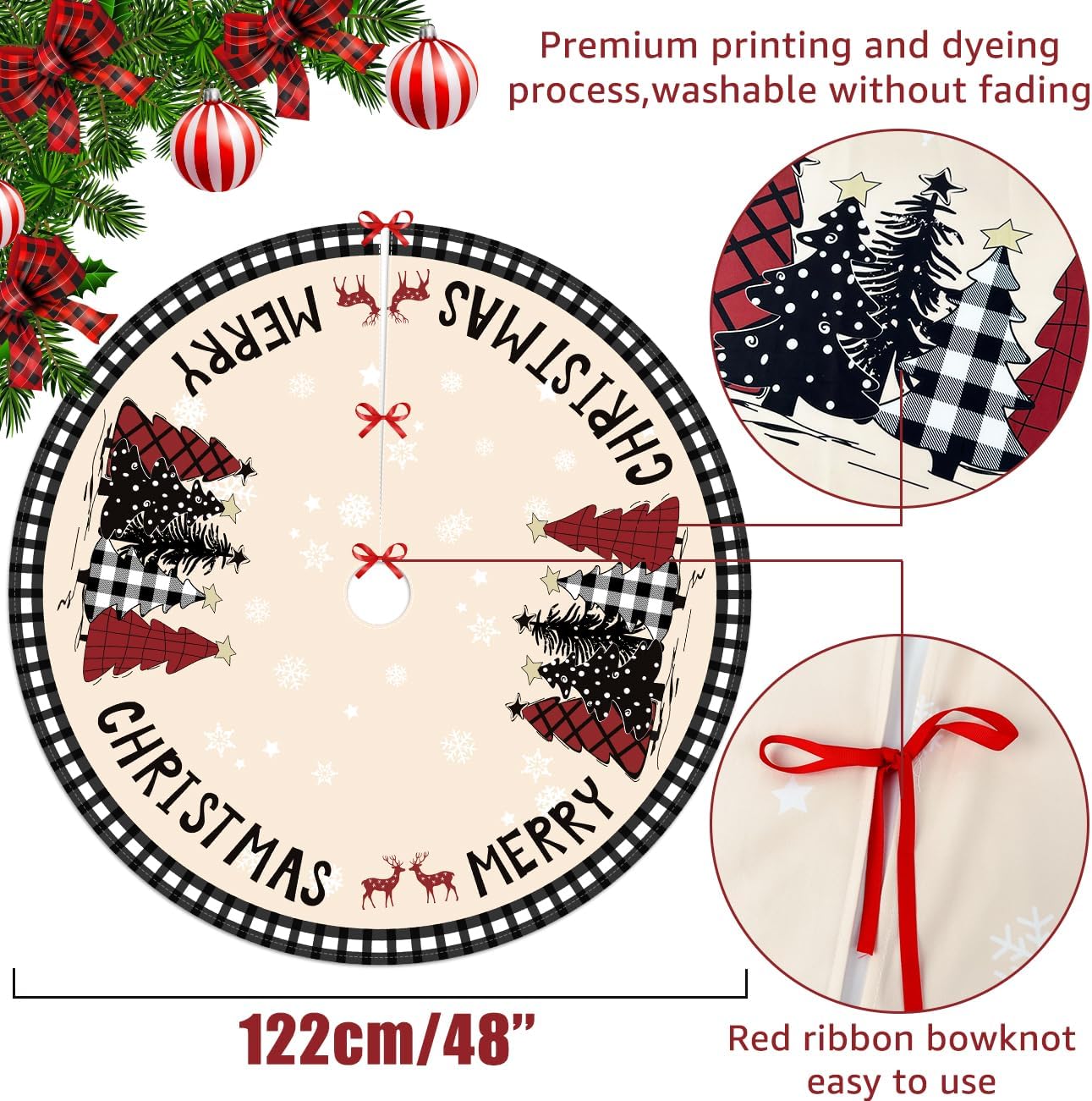 Christmas Tree Skirt 48 Inches Black White Buffalo Plaid Xmas Tree Skirt with Snowflake Merry