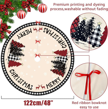 Christmas Tree Skirt 48 Inches Black White Buffalo Plaid Xmas Tree Skirt with Snowflake Merry