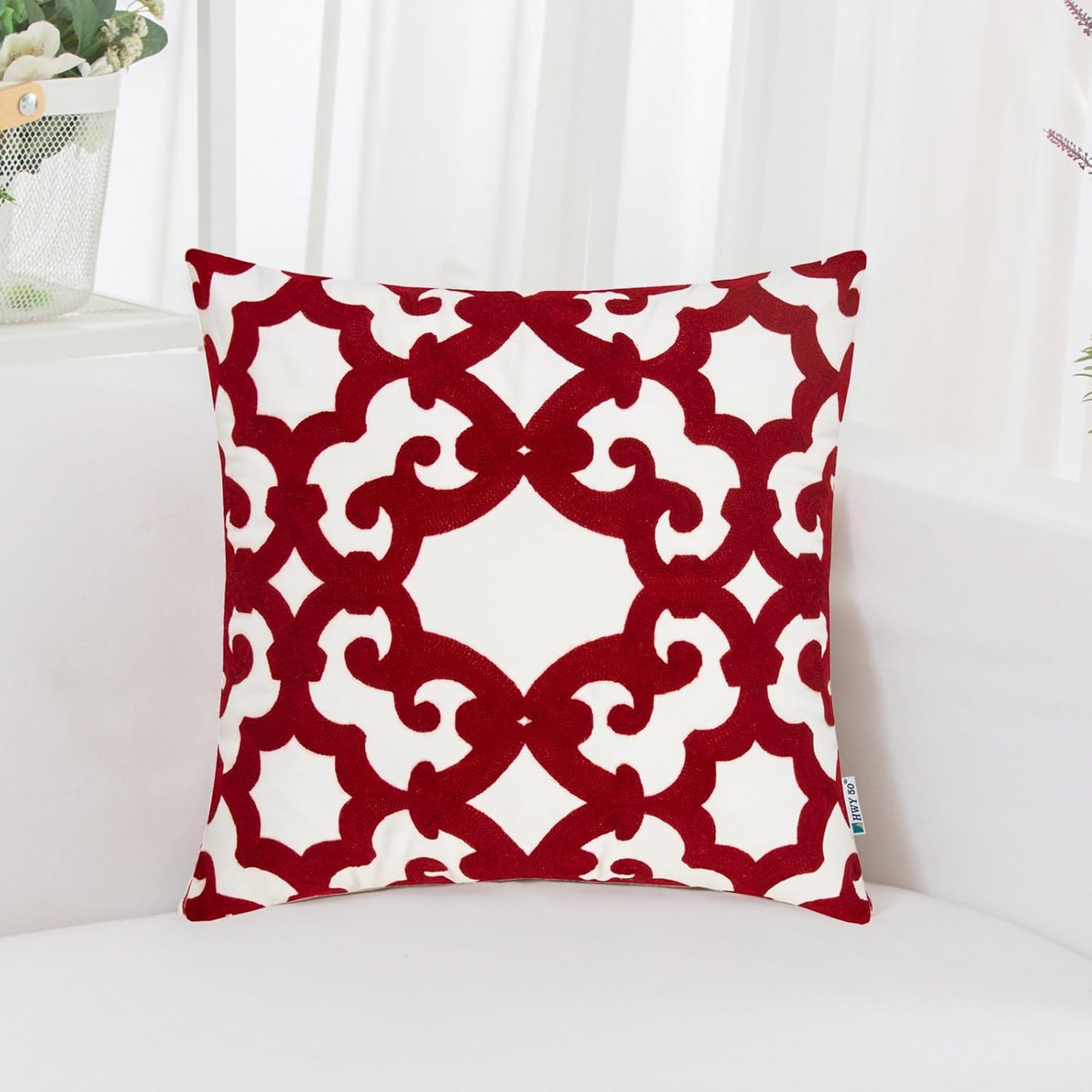 HWY 50 Red Decorative Throw Pillow Covers 18x18 Inch (1 Piece), Embroidered Cotton Farmhouse