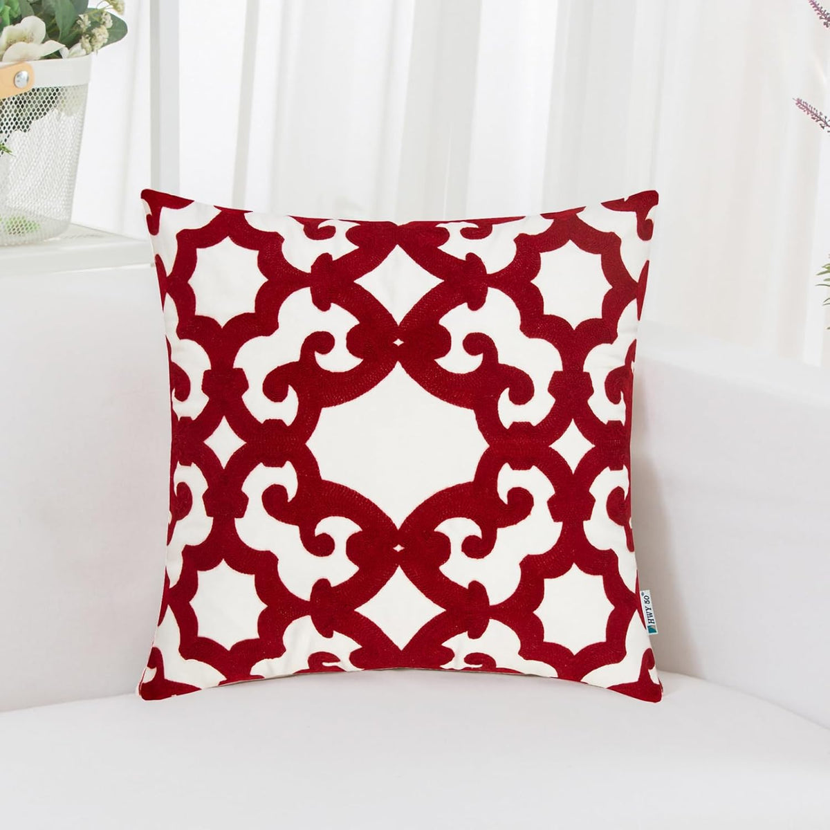HWY 50 Red Decorative Throw Pillow Covers 18x18 Inch (1 Piece), Embroidered Cotton Farmhouse