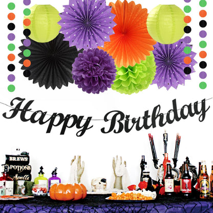 Black-Green Orange-Purple Halloween Birthday Party-Decorations - 21pcs Happy Banner,Paper Lanterns