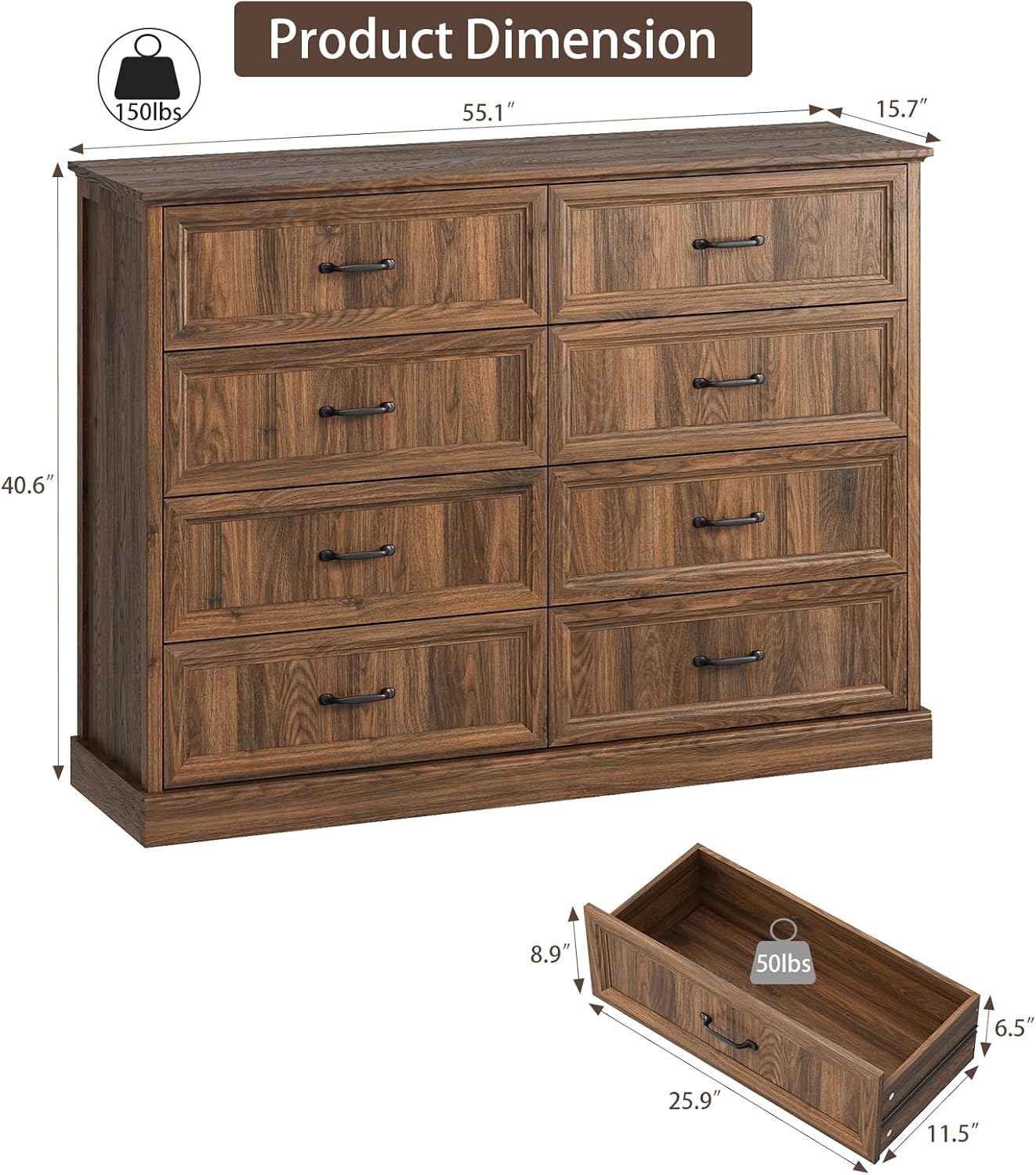 Farmhouse 8 Drawer Dresser for Bedroom, 55 Inch Wide Modern Walnut Dresser TV Stand with Large