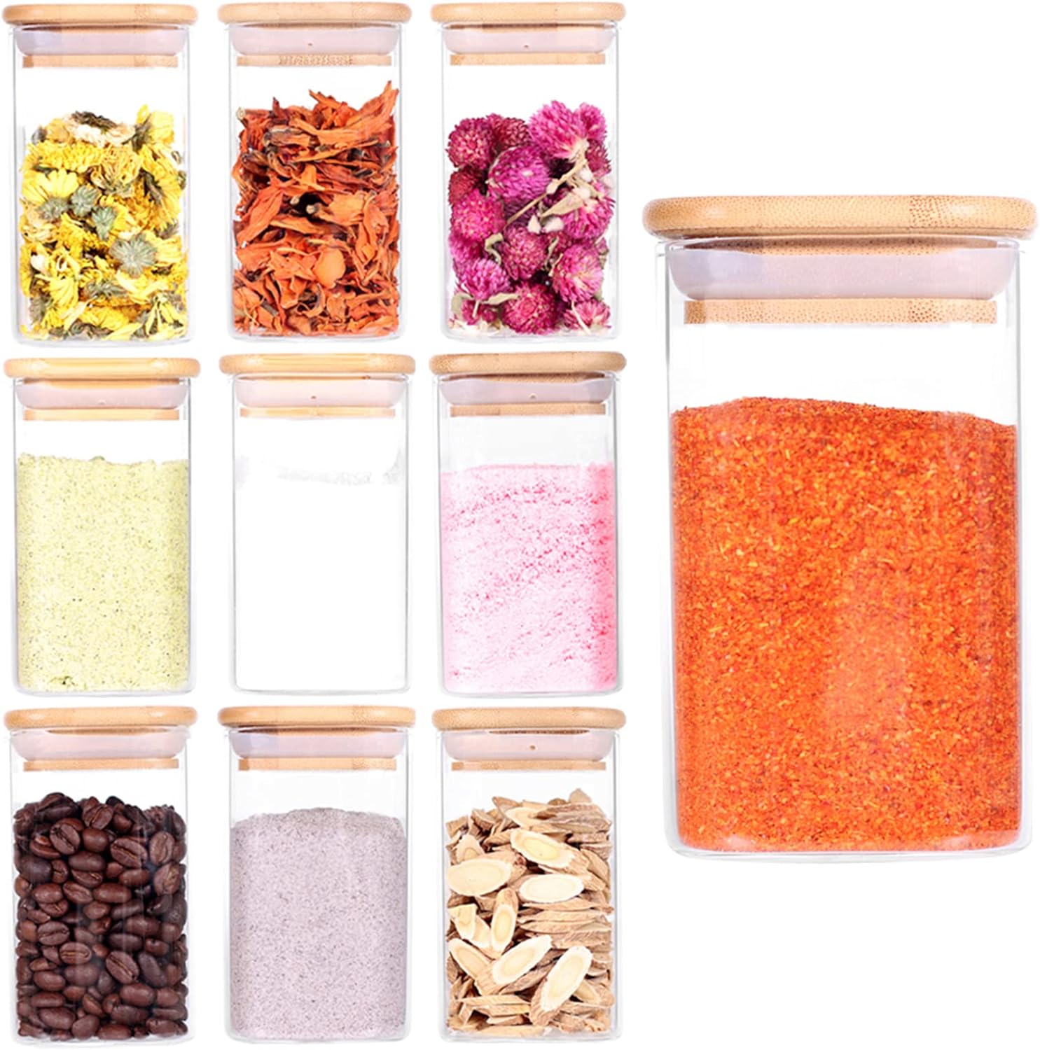 10 Pcs Glass Spice Jars - 8oz Empty Square Spice Storage Containers With Bamboo Airtight Lid and