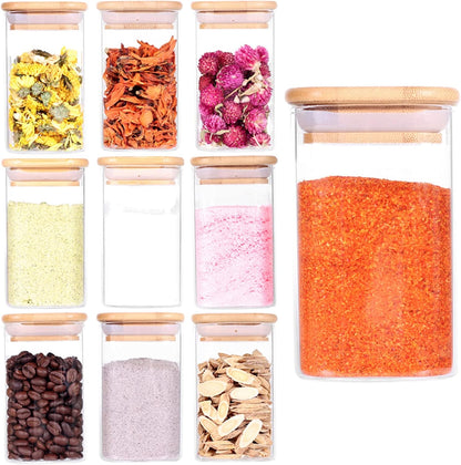 10 Pcs Glass Spice Jars - 8oz Empty Square Spice Storage Containers With Bamboo Airtight Lid and