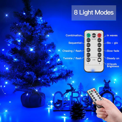suddus Blue LED Christmas Lights Outdoor，200led 66ft Battery Operated Fairy Lights Indoor, Twinkle