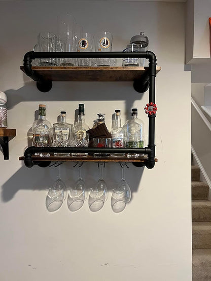 Wine Rack Wall Mounted 2 Tier, Hanging Floating Small Mini Bar Liquor Shelves with Glass Holder