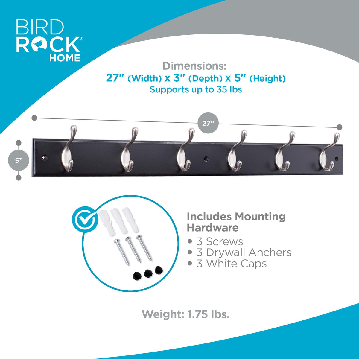 BIRDROCK HOME Oval Hook Coat and Hat Rack | 6 Hooks | Wall Mount | Black Finish | Satin Nickel Hooks