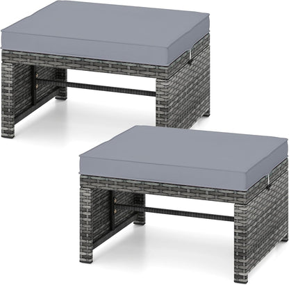 Tangkula 2 Pieces Patio PE Rattan Ottomans, Multipurpose Outdoor Footstool Footrest Additional