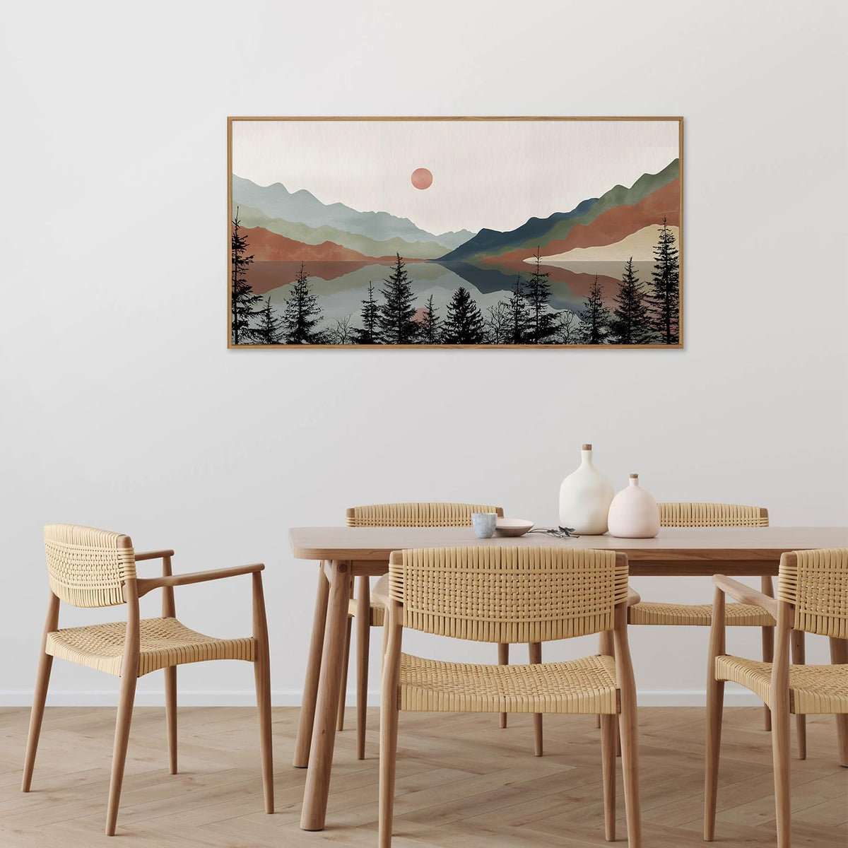 Tinonedraw Boho Mountain Framed Canvas Wall Art Set, Watercolor Nature Landscape Wall Decor