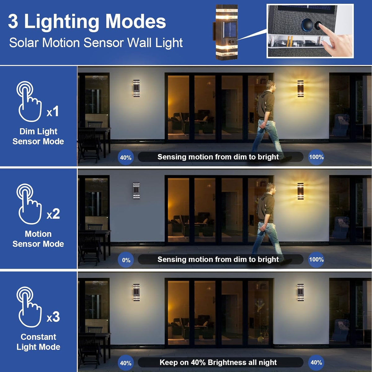 2 Pack Solar Outdoor Wall Lights with 3-Mode Motion Sensor Outside Sconces Up Down Solar Porch