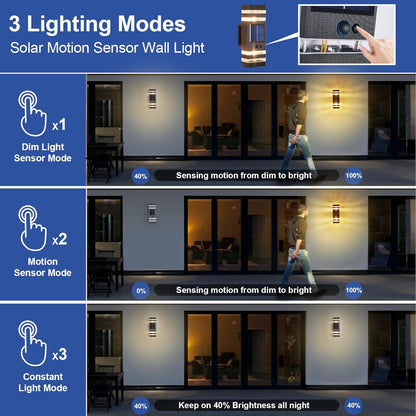 2 Pack Solar Outdoor Wall Lights with 3-Mode Motion Sensor Outside Sconces Up Down Solar Porch