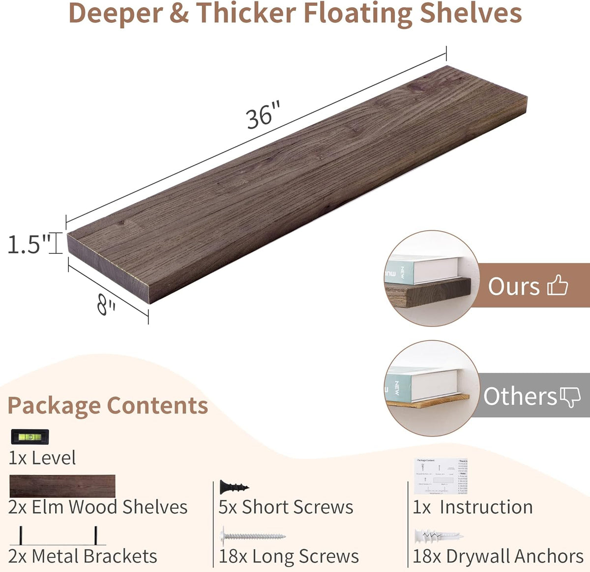 Axeman Floating Shelves for Wall, 8 Inch Deep Rustic Solid Elm Wood Wall Shelves for Storage, Wall