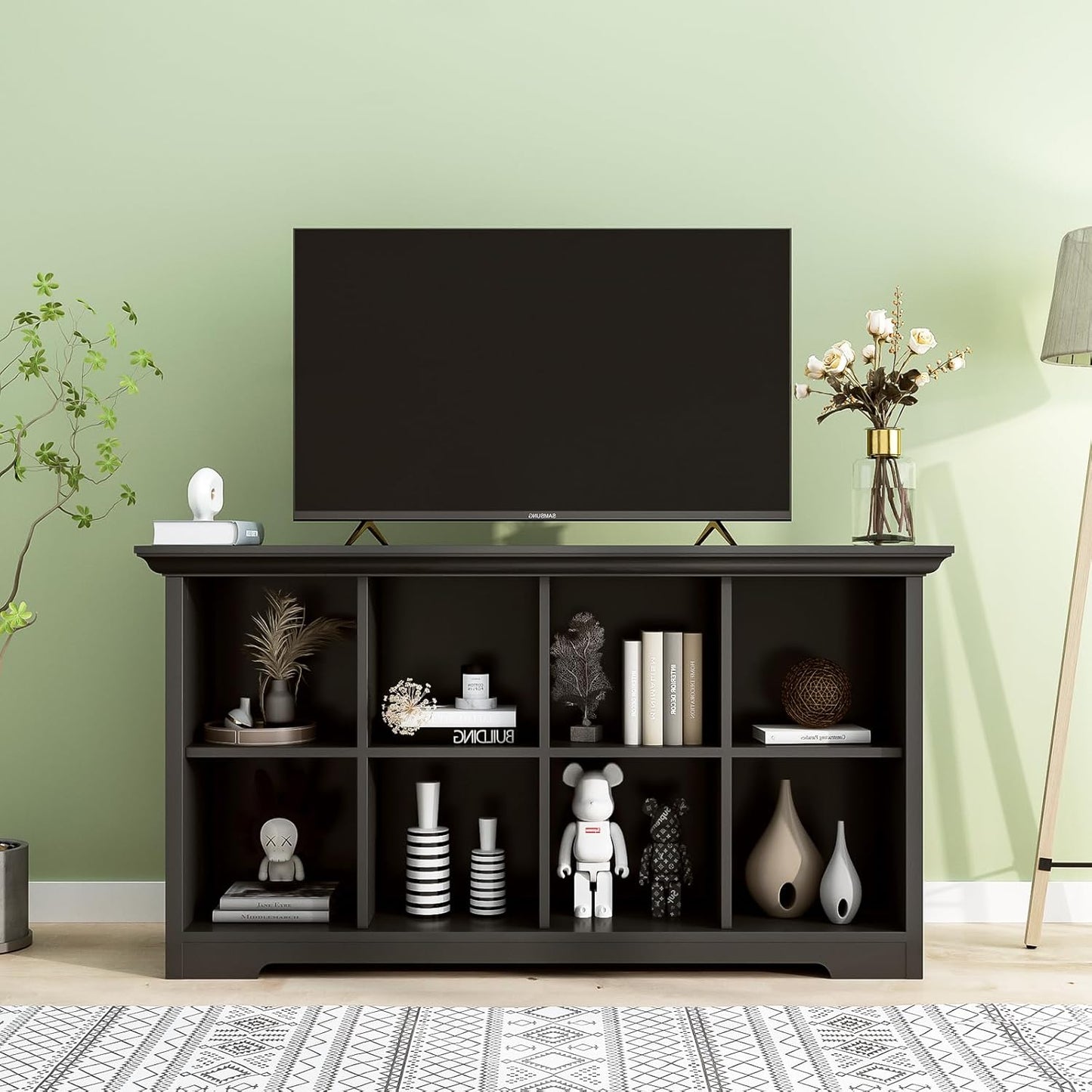 Cube Shelf Bookcase with Base - Wooden 2 Tiers Floor Standing Low Storage Cabinet for Home and