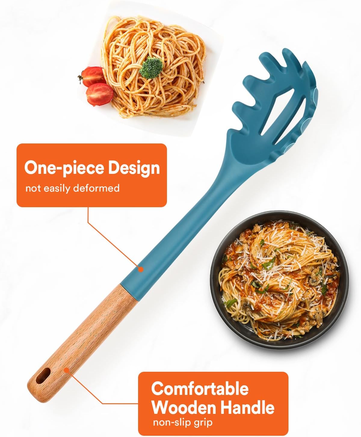 Silicone Pasta Fork, Kitchen Heat Resistant Noodle Spoon Server, BPA Free Spaghetti Strainer,12.8
