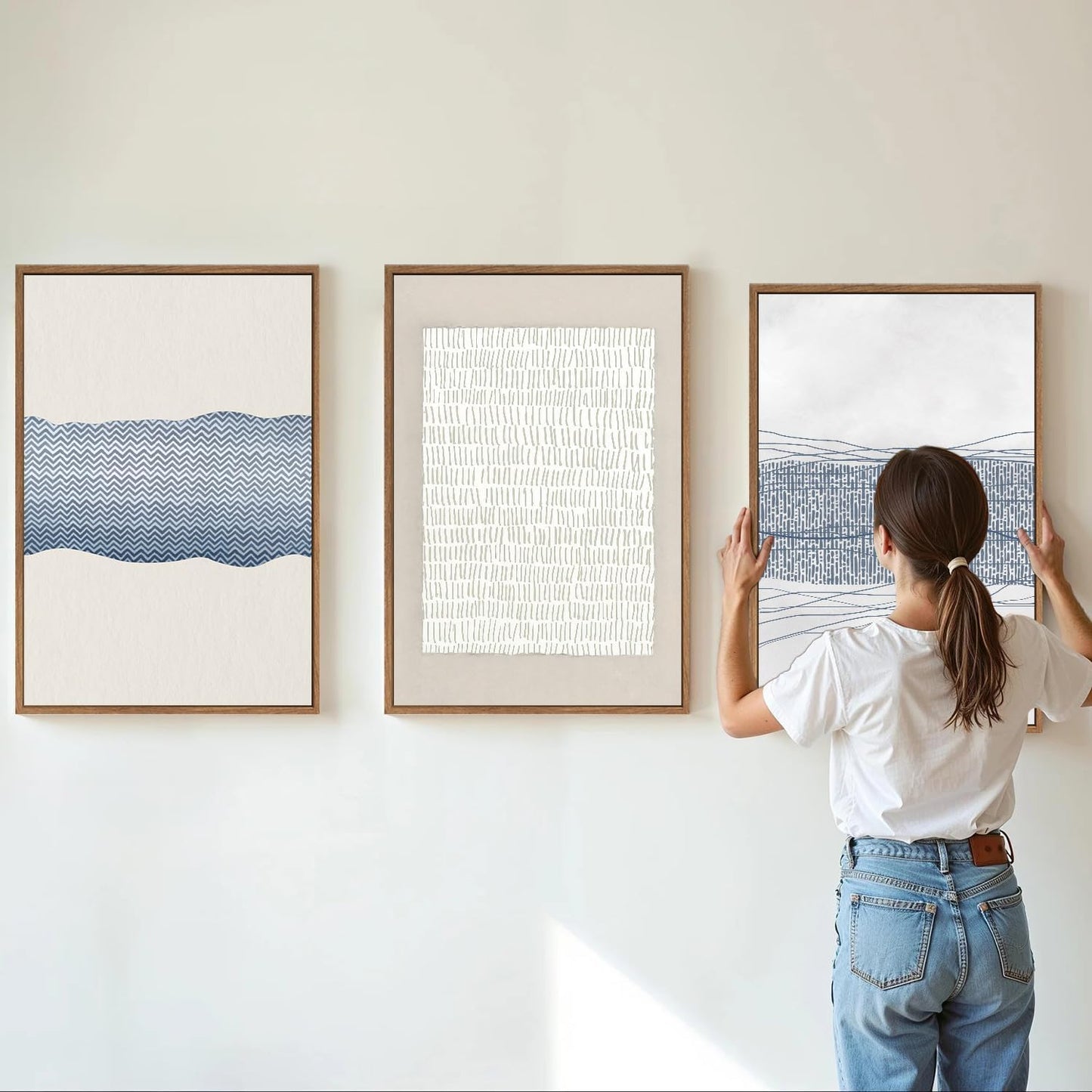 SIGNINART Large Abstract Framed Canvas Wall Art Set of 3, Minimalist Boho Line Art Prints, Modern