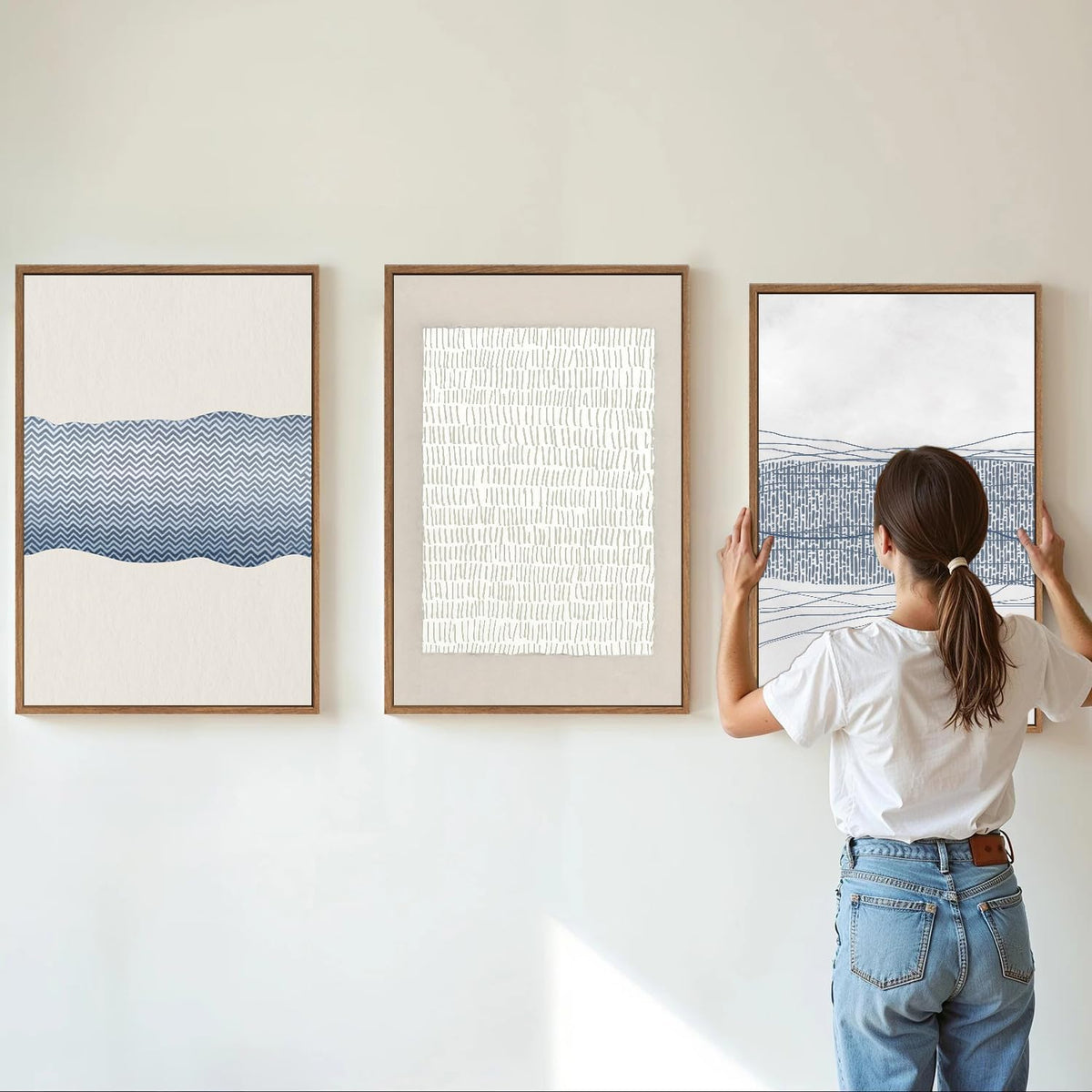 SIGNINART Large Abstract Framed Canvas Wall Art Set of 3, Minimalist Boho Line Art Prints, Modern