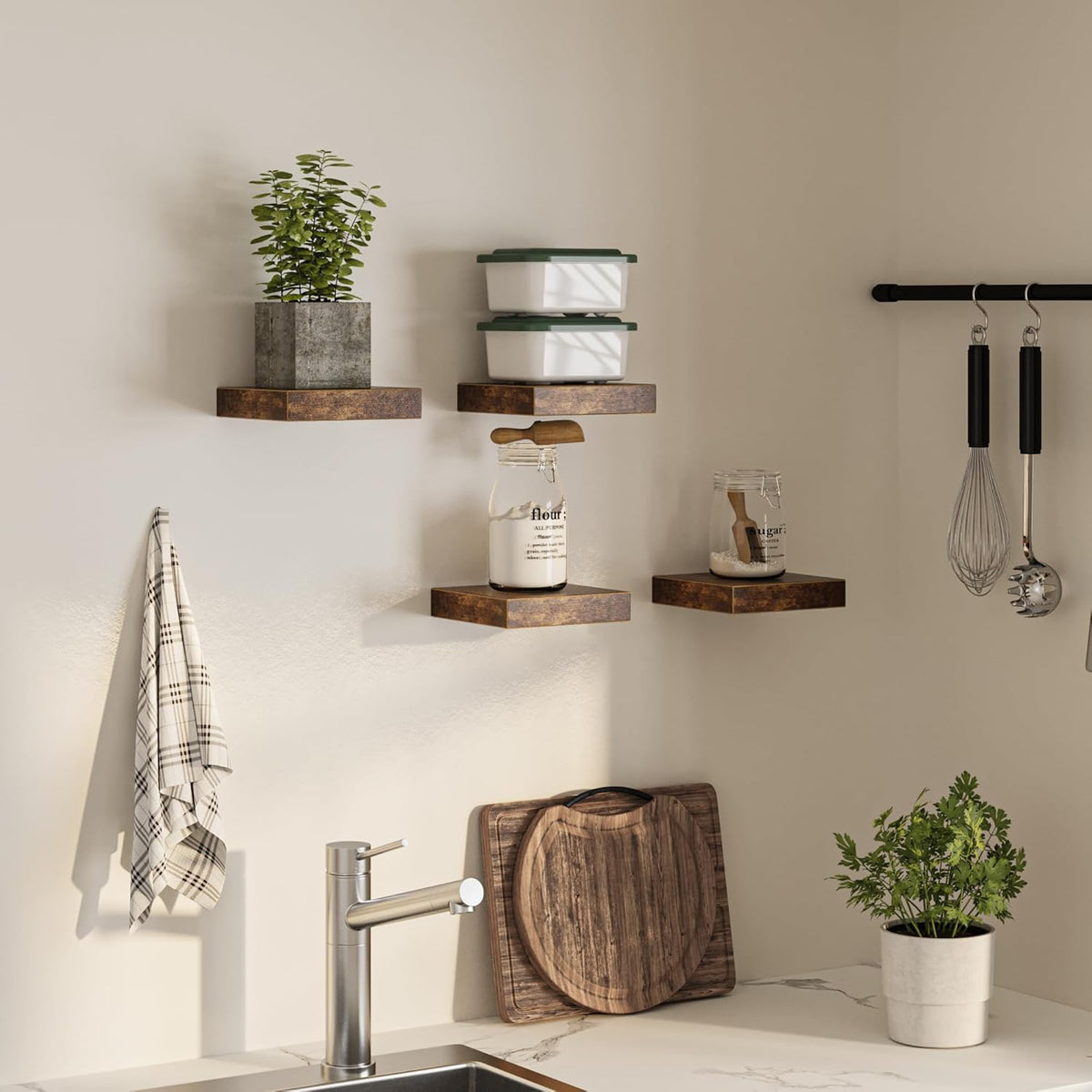 Square Floating Shelves for Wall, 8"W x 8"D x 1.2"H, Small Wooden Wall Mounted Display Shelves with
