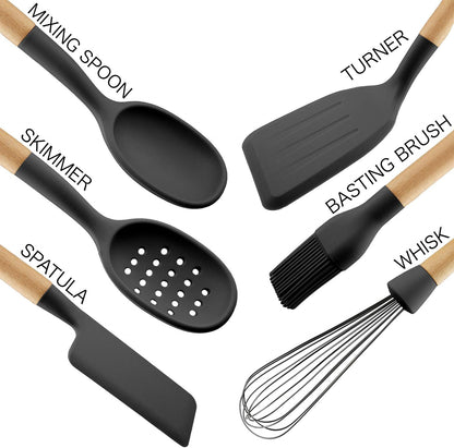 Country Kitchen Non Stick Silicone Utensil Set with Rounded Wood Handles for Cooking and Baking, 6