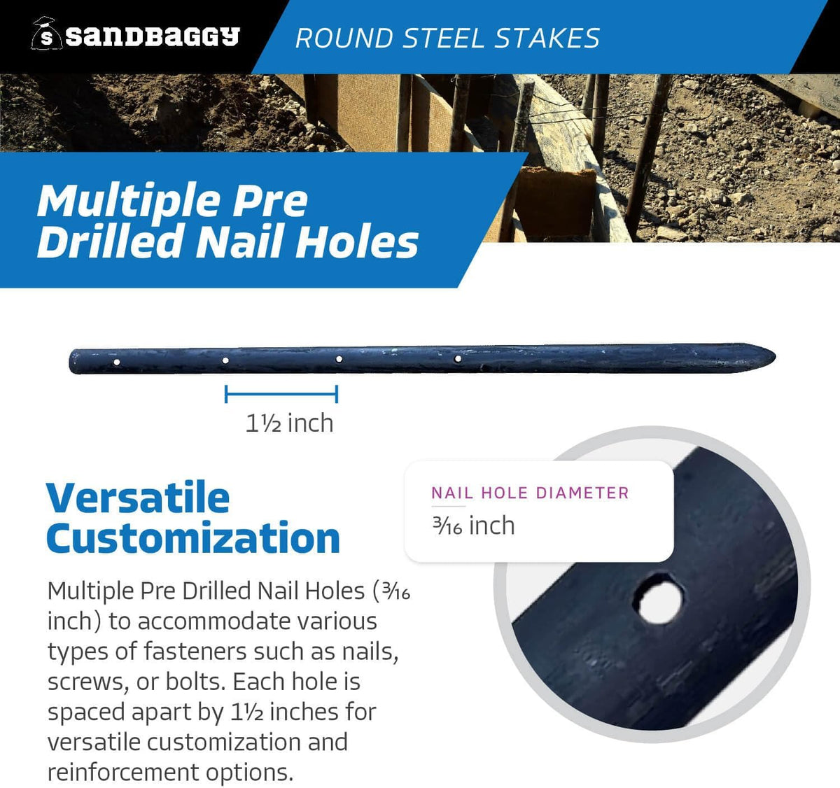 Sandbaggy Round Steel Concrete Form Stakes with Nail Holes - Rust Resistant Coating - Removable