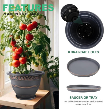4 Pack 12 Inch Large Plant Pots, Plastic Flower Pot for Indoor & Outdoor with Drainage Holes &