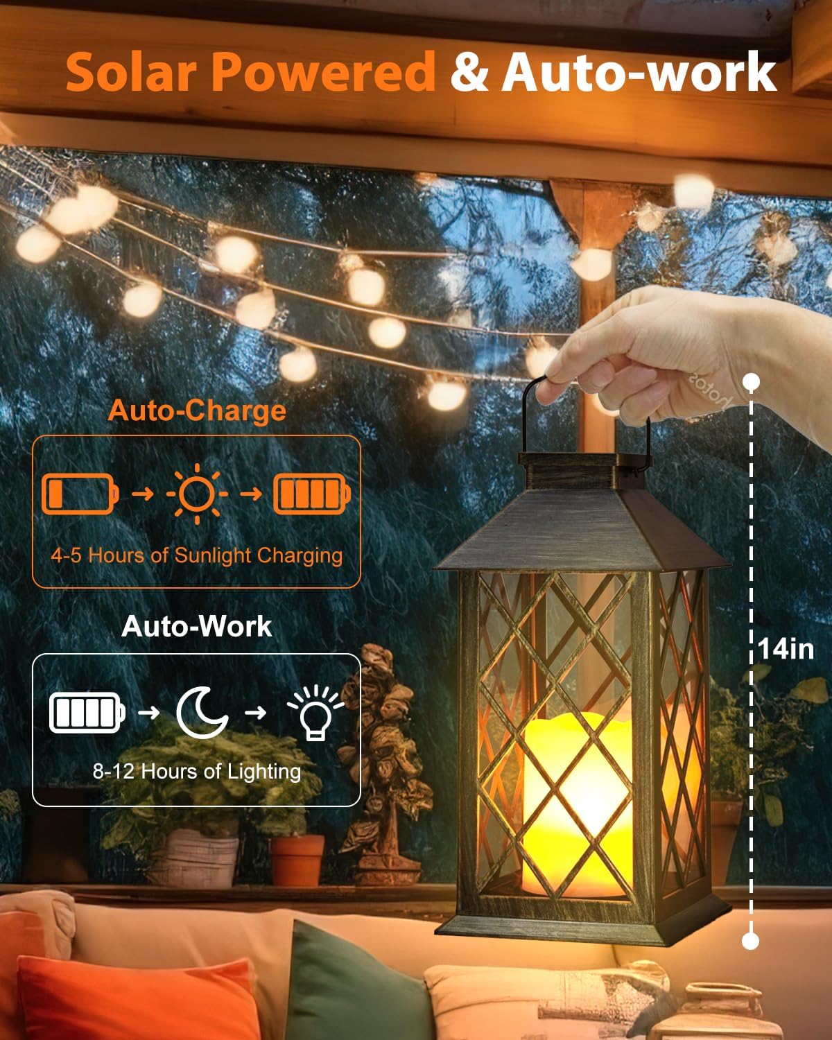 Otdair Solar Lanterns Outdoor Waterproof, 2 Pack 14" Solar Lantern with Glass Retro LED Flickering