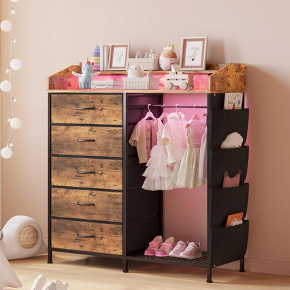 LUMTOK 2-in-1 Dresser with Hanging Racks,5 Fabric Drawers Dressers with LED Lights, Charging