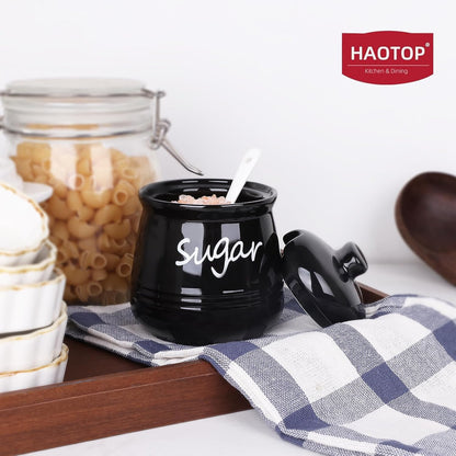 HAOTOP 12oz Sugar Bowl with Lid and Spoon,Ceramic Sugar Jar Sugar Dispenser Sugar Container Coffee