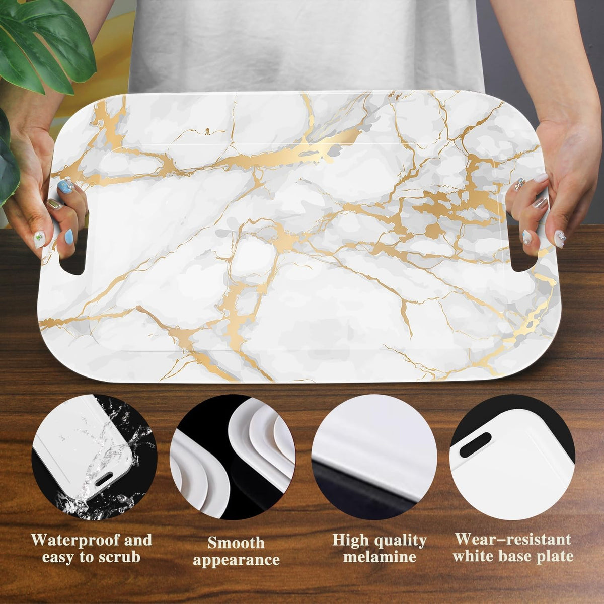 Serving Trays with Handles, 14.5 x 9.8 inch Rectangular Plastic Tray for Restaurant, Kitchen