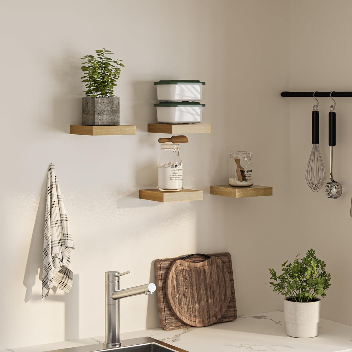 Square Floating Shelves for Wall, 8" W x 8" D x 1.2" H, Small Wooden Wall Mounted Display Shelves