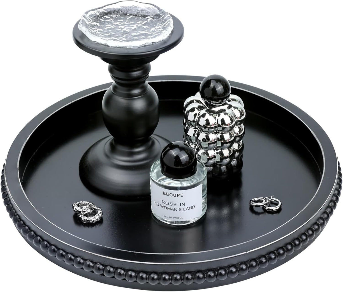 Round Black Wood Serving Tray with Beads, Wooden Decorative Tray for Entertaining, Decoration, and