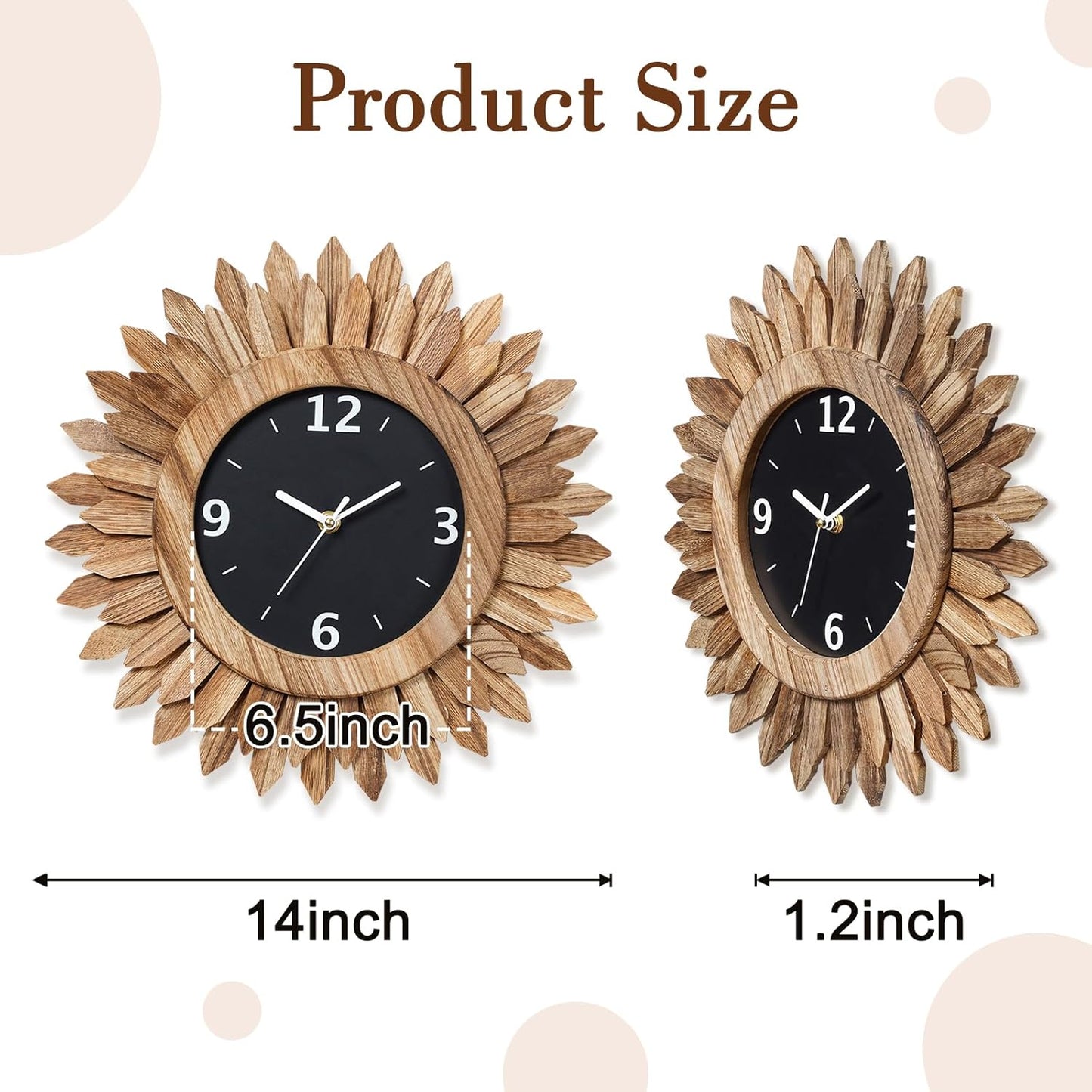 Honiway 14 Inch Wall Clock, Rustic Wood Boho Sunburst Decorative Wall Clocks Battery Operated