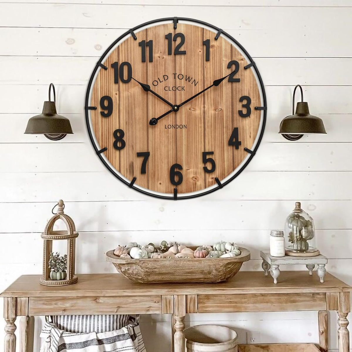 Large Old Town Farmhouse Wall Clock 24 Inch Rustic Antique Wood with Metal Circle and Large