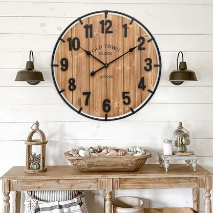 Large Old Town Farmhouse Wall Clock 24 Inch Rustic Antique Wood with Metal Circle and Large