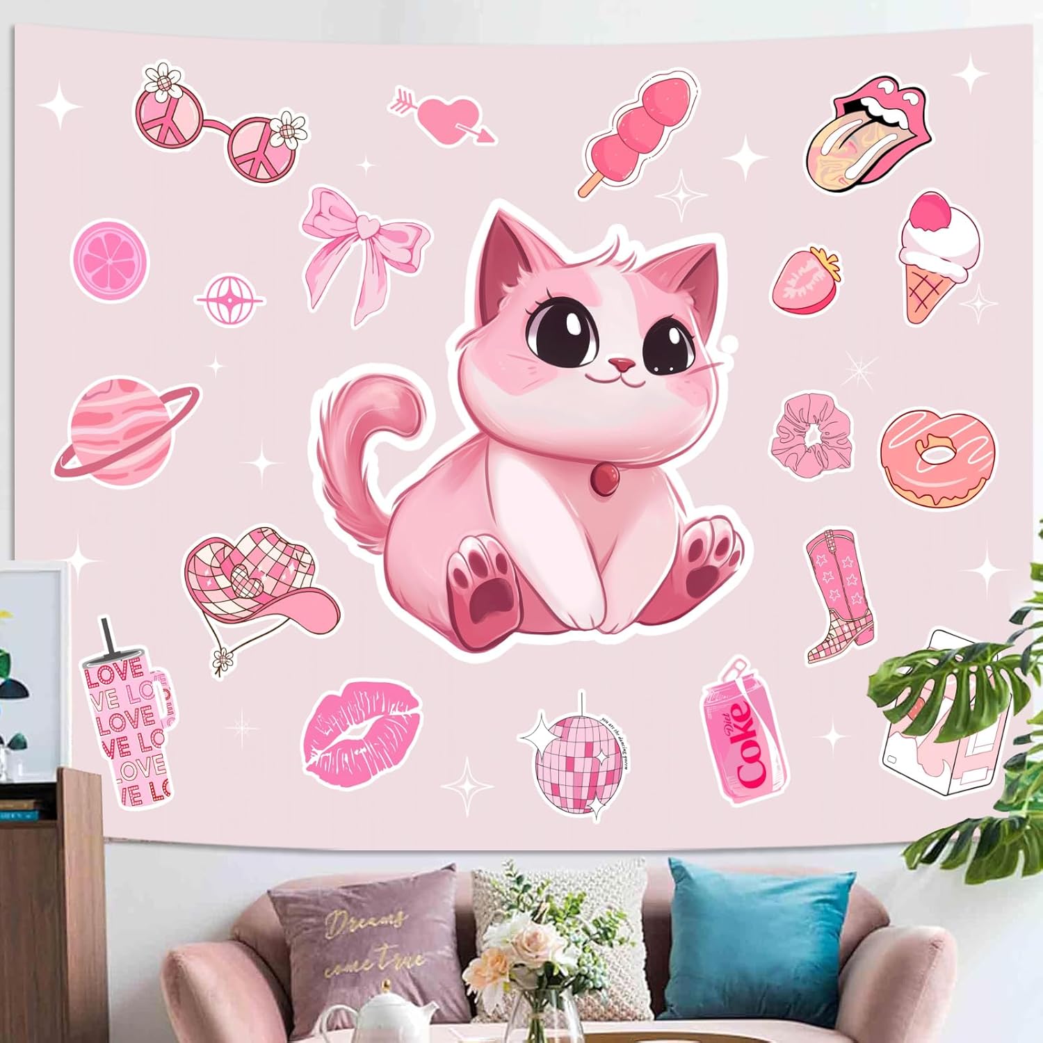 Lunerfex Y2K Tapestry Pink Cat Wall Tapestry, Cute Tapestries for Bedroom Funny Tapestries Wall