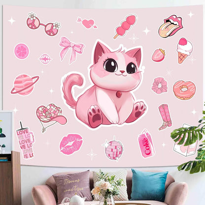 Lunerfex Y2K Tapestry Pink Cat Wall Tapestry, Cute Tapestries for Bedroom Funny Tapestries Wall