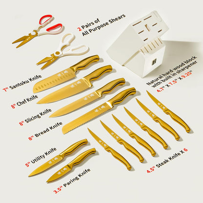 ZHANG XIAO QUAN SINCE 1628 15Pcs Knife Sets with Block, 50Cr15MoV Stainless Steel kitchen knife set